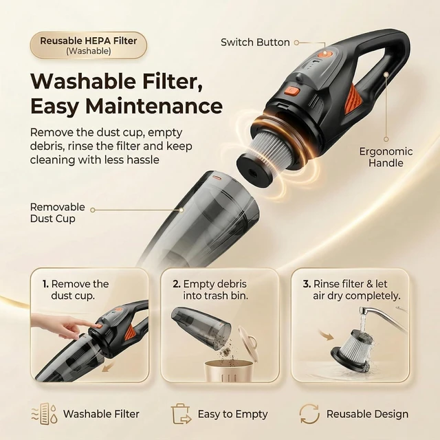 Alt view image 5 of 7 - Handheld Vacuum Cordless, 25000Pa Powerful Suction Car Vacuum Portable Cordless with 8000mAh Battery & LED Light, Hand Held Vacuum Rechargeable with HEPA Filters, Home, Car Seats, Pet Hair Orange