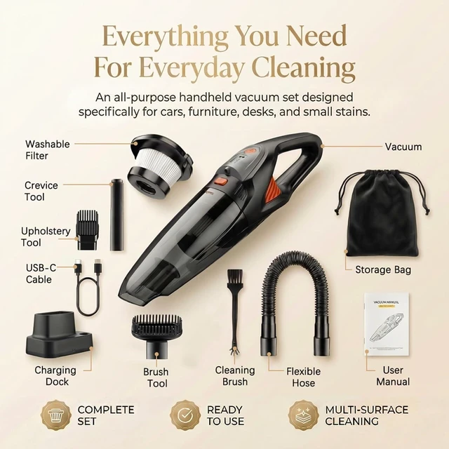 Alt view image 7 of 7 - Handheld Vacuum Cordless, 25000Pa Powerful Suction Car Vacuum Portable Cordless with 8000mAh Battery & LED Light, Hand Held Vacuum Rechargeable with HEPA Filters, Home, Car Seats, Pet Hair Orange
