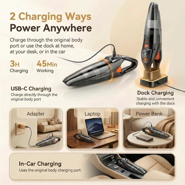 Alt view image 6 of 7 - Handheld Vacuum Cordless, 25000Pa Powerful Suction Car Vacuum Portable Cordless with 8000mAh Battery & LED Light, Hand Held Vacuum Rechargeable with HEPA Filters, Home, Car Seats, Pet Hair Orange
