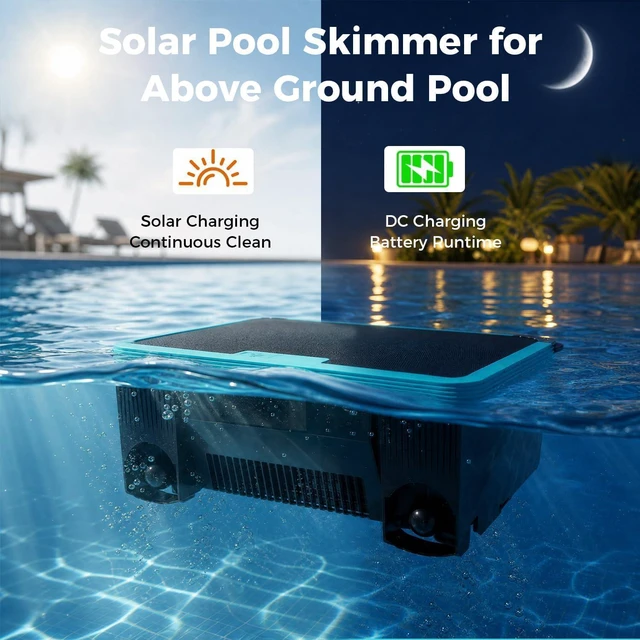 Alt view image 2 of 6 - Pool Skimmer Robot,Over-Ground Robotic Pool Cleaner,Solar Powered Pool Vacuum,24H/7D Continuous Cleaning, 180-um, 3L Basket,APP Support