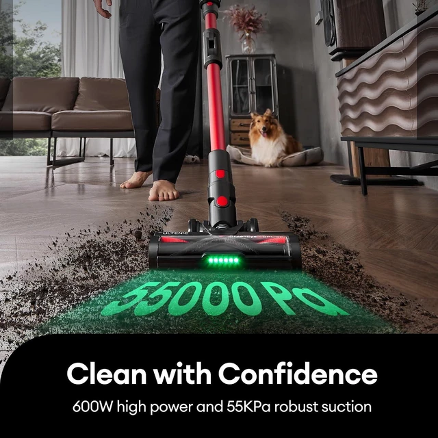 Alt view image 2 of 7 - Ultenic Cordless Vacuum Cleaner, 600W 55Kpa 60Mins Vacuum Cleaners for Home, Cordless Stick Vacuum with 180°Bendable Wand, Anti-Tangle Brush, Charging Dock, Vacuum for Pet Hair/Carpet/Floor/Car
