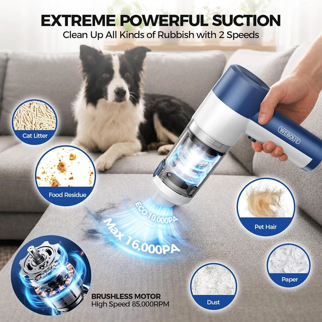 Alt view image 2 of 7 - Handheld Vacuum Cordless, 16000PA High Power Car Vacuum with Brushless Motor, 4-in-1 Portable Mini Vacuum & Air Duster, 2 Speeds, 3 Washable Filters & Type C Charging for Pet Hair, Home, Car & Office