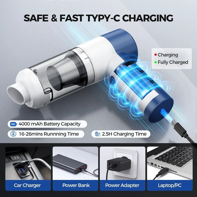 Alt view image 5 of 7 - Handheld Vacuum Cordless, 16000PA High Power Car Vacuum with Brushless Motor, 4-in-1 Portable Mini Vacuum & Air Duster, 2 Speeds, 3 Washable Filters & Type C Charging for Pet Hair, Home, Car & Office
