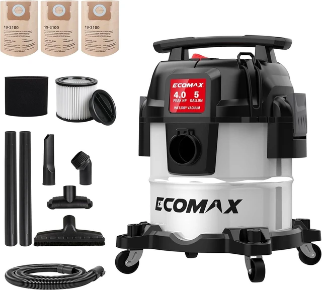 Main image of ECOMAX 5 Gallon Ultra Quiet Stainless Steel Shop Vacuum Wet and Dry