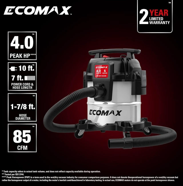 Alt view image 3 of 7 - ECOMAX 5 Gallon Ultra Quiet Stainless Steel Shop Vacuum Wet and Dry
