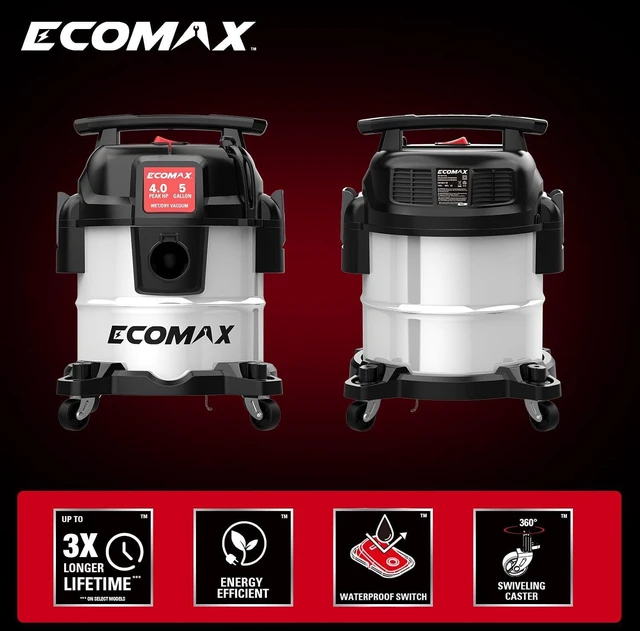 Alt view image 5 of 7 - ECOMAX 5 Gallon Ultra Quiet Stainless Steel Shop Vacuum Wet and Dry