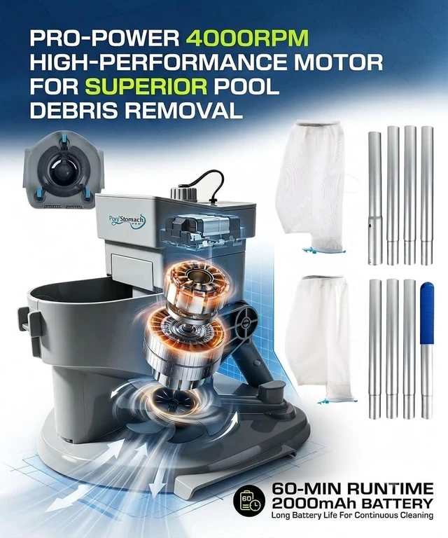 Alt view image 5 of 7 - Cordless Pool Vacuum, Handheld Rechargeable Pool Cleaner with Poles,60 Mins Runtime, 11.1V Powerful Suction, 2 Replacement Filter Bags,Ideal for inground Pools,Spa,Hot Tub, Stairs,Above Ground Pools