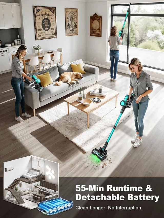 Alt view image 3 of 7 - Cordless Vacuum Cleaner,58kPa/10-in-1 Stick Vacuum with 29-inch Hose and LED Lighting Brush,55Mins Runtime Vacuum Cleaner for Home,Self-Standing Vacuum with Anti-Tangle Brush for Pet Hair/Carpet/Floor
