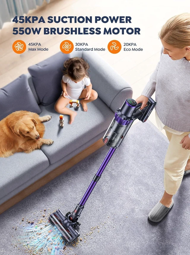 Alt view image 3 of 7 - Cordless Vacuum Cleaner, 2 Batteries 110 Mins Runtime Vacuum Cleaners for Home, 45KPA 550W Stick Vacuum with Brushless Motor, Automatically Adjust Suction, Handheld Vacuum for Pet Hair/Carpet/Floor