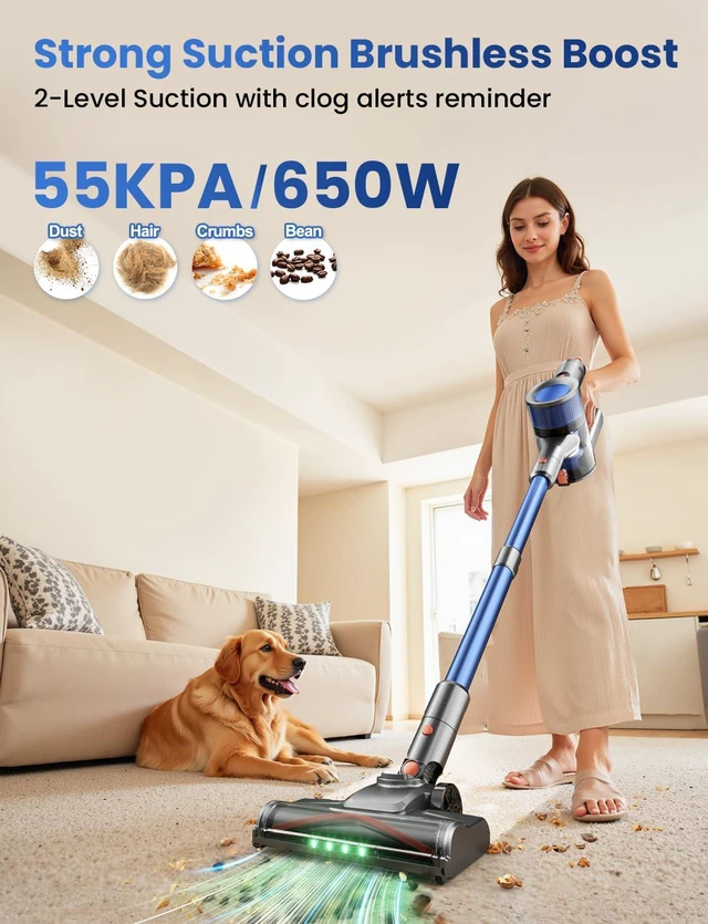 Alt view image 2 of 7 - Dzaki Cordless Stick Vacuum Cleaner, 650W 55KPa Brushless Motor, 60-Min Runtime, Detachable Battery, Anti-Tangle, Self-Standing, Vacuum Cleaners for Home, Pet Hair, Carpet & Hardwood Floors