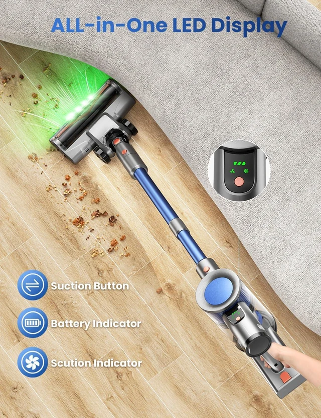 Alt view image 4 of 7 - Dzaki Cordless Stick Vacuum Cleaner, 650W 55KPa Brushless Motor, 60-Min Runtime, Detachable Battery, Anti-Tangle, Self-Standing, Vacuum Cleaners for Home, Pet Hair, Carpet & Hardwood Floors