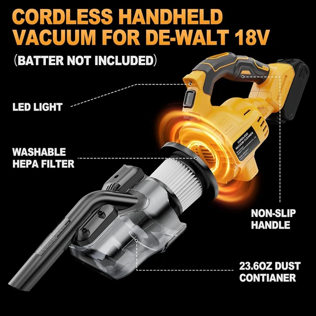 Alt view image 3 of 7 - Cordless Vacuum Compatible with Dewalt 20V Battery, Portable Handheld Vacuum Cleaner with 2 HEPA Filter, 4 Multi Nozzle, Power Shop Vacuum for Home, Car, Floor, Carpet (Battery Not Included)