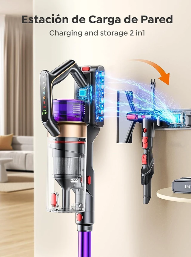Alt view image 4 of 7 - INTETURE Cordless Vacuum Cleaner, 650W 55KPA 70 Mins Vacuum Cleaners for Home, Anti-Tangle Stick Vacuum with Touch Screen, Wall Mount Charging, Upgraded Vacuum Cordless for Pet Hair/Carpet/Floors
