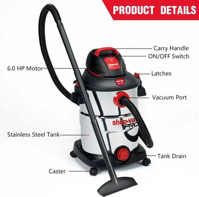 Alt view image 5 of 7 - Shop-Vac 12 Gallon 6.0 Peak HP Stainless Wet/Dry Vacuum, Heavy Duty