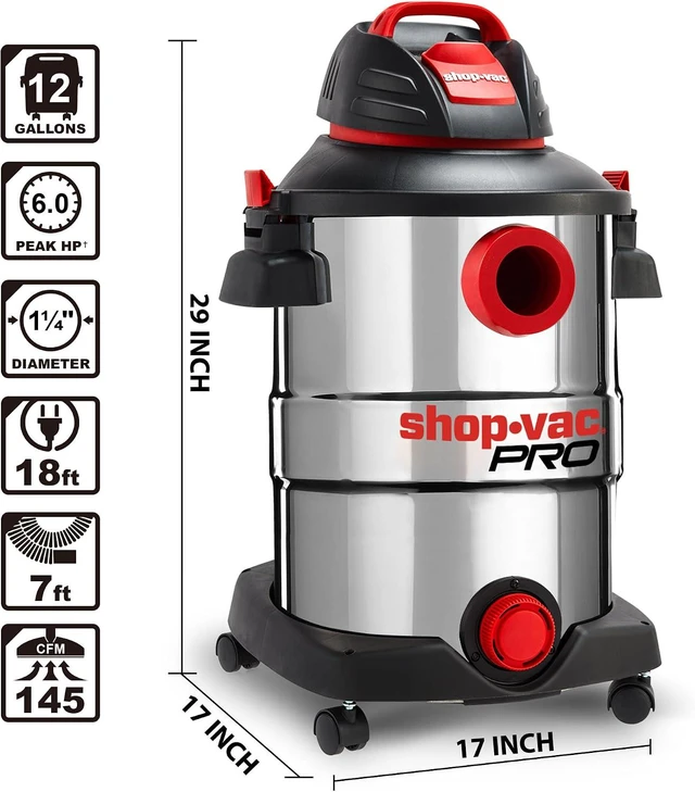 Alt view image 6 of 7 - Shop-Vac 12 Gallon 6.0 Peak HP Stainless Wet/Dry Vacuum, Heavy Duty