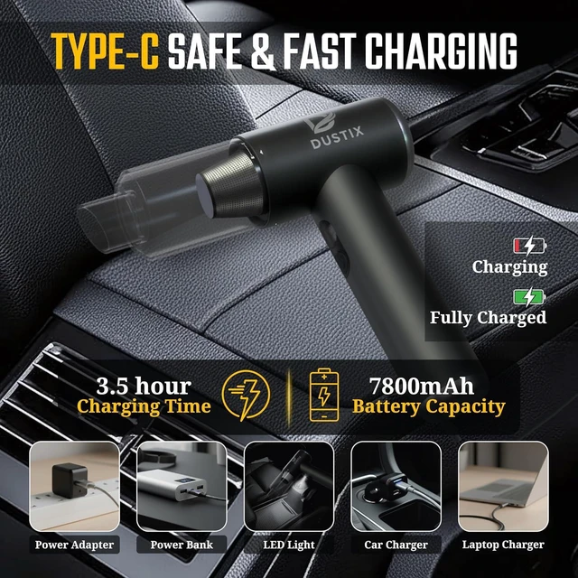 Alt view image 6 of 7 - Car Vacuum Cordless Handheld Vacuum Cleaner Mini Portable Car Vacuum Brushless Motor Rechargeable Type C Blower Inflator Deflator Car Cleaning Kit (DX-1 Pro)