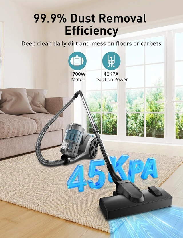 Alt view image 2 of 7 - Aspiron 1700W Canister Vacuum Cleaner, 45Kpa Bagless Vacuum Cleaner