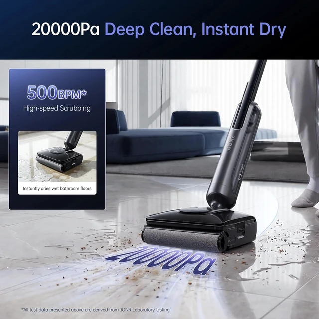 Alt view image 3 of 7 - JONR H2 Cordless Wet Dry Vacuum Cleaner with Warm Water Self-Cleaning, Innovative Odor Protection Design, 20,000Pa Hurricane Suction, 180°Lie-Flat with Zero Power & Capacity Loss