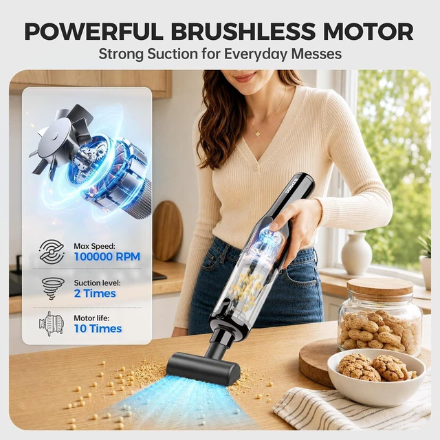 Alt view image 3 of 7 - dormzie Handheld Vacuum Cordless, Car Vacuum with 19000Pa Powerful Suction,1.3 lbs Lightweight, Type-C Charge, Multiple Accessories for Car Home Office Pet