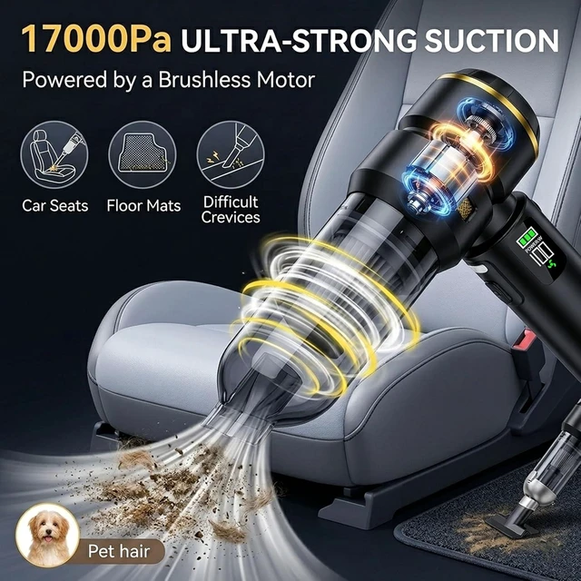 Alt view image 2 of 7 - Handheld Car Vacuum Cleaner, 17000Pa High Power Cordless Vacuum Cleaner, 4-in-1 Portable Mini Air Duster, with LED Light and Multi-Nozzles, Vacuum for Car, Home, Office, Pet Hair
