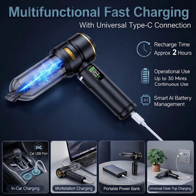 Alt view image 4 of 7 - Handheld Car Vacuum Cleaner, 17000Pa High Power Cordless Vacuum Cleaner, 4-in-1 Portable Mini Air Duster, with LED Light and Multi-Nozzles, Vacuum for Car, Home, Office, Pet Hair