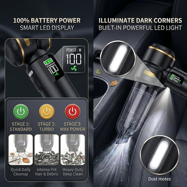 Alt view image 5 of 7 - Handheld Car Vacuum Cleaner, 17000Pa High Power Cordless Vacuum Cleaner, 4-in-1 Portable Mini Air Duster, with LED Light and Multi-Nozzles, Vacuum for Car, Home, Office, Pet Hair