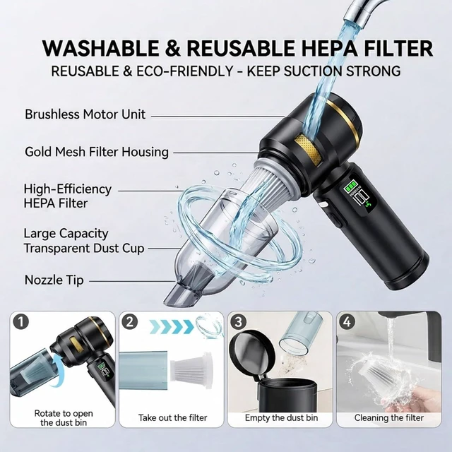 Alt view image 6 of 7 - Handheld Car Vacuum Cleaner, 17000Pa High Power Cordless Vacuum Cleaner, 4-in-1 Portable Mini Air Duster, with LED Light and Multi-Nozzles, Vacuum for Car, Home, Office, Pet Hair