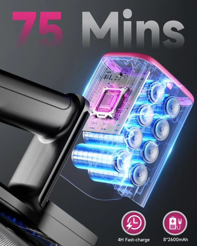 Alt view image 3 of 7 - MYUAKO Cordless Vacuum Cleaner 650W 55kPa Vacuum Cleaners for Home Up to 75Mins, Cordless Rechargeable Vacuum Cleaner Anti-Tangled Vacuum Cleaner 2L for Hardwood Floor,Carpets,Pet Hair Nova R8