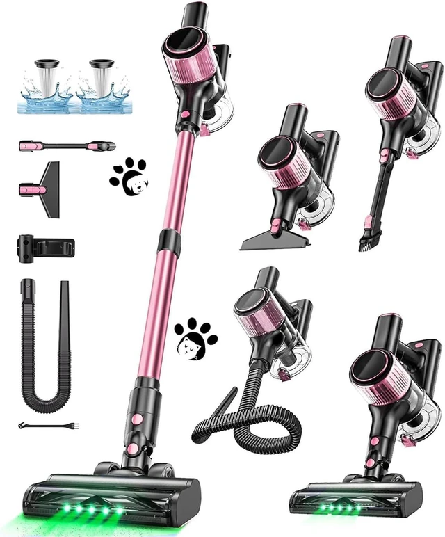 Main image of Cordless Vacuum Cleaner, 10 in 1 Stick Vacuum with Powerful Suction, Hose, Green LED Light, Anti-Tangle Brush, Lightweight Rechargeable Vacuum Cleaner for Home, Hardwood Floors, Carpets, Pet Hair,Pink