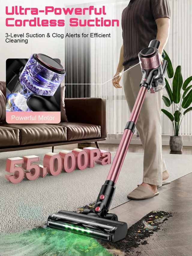 Alt view image 2 of 7 - Cordless Vacuum Cleaner, 10 in 1 Stick Vacuum with Powerful Suction, Hose, Green LED Light, Anti-Tangle Brush, Lightweight Rechargeable Vacuum Cleaner for Home, Hardwood Floors, Carpets, Pet Hair,Pink