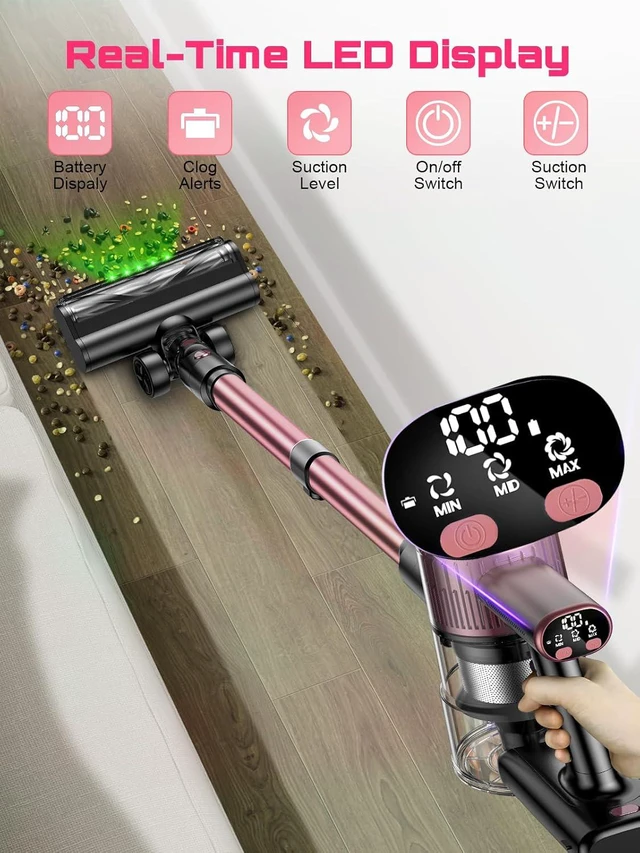 Alt view image 3 of 7 - Cordless Vacuum Cleaner, 10 in 1 Stick Vacuum with Powerful Suction, Hose, Green LED Light, Anti-Tangle Brush, Lightweight Rechargeable Vacuum Cleaner for Home, Hardwood Floors, Carpets, Pet Hair,Pink
