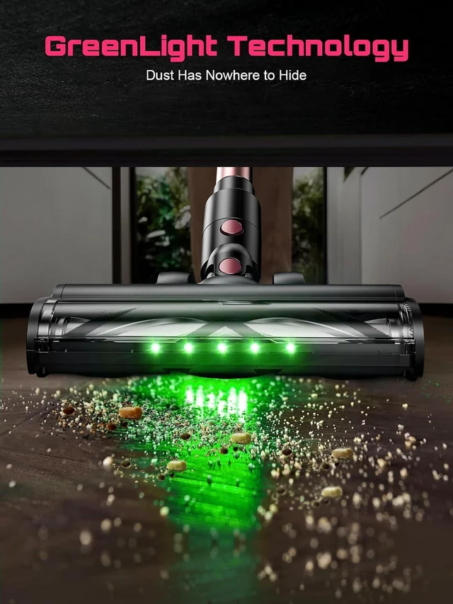 Alt view image 5 of 7 - Cordless Vacuum Cleaner, 10 in 1 Stick Vacuum with Powerful Suction, Hose, Green LED Light, Anti-Tangle Brush, Lightweight Rechargeable Vacuum Cleaner for Home, Hardwood Floors, Carpets, Pet Hair,Pink