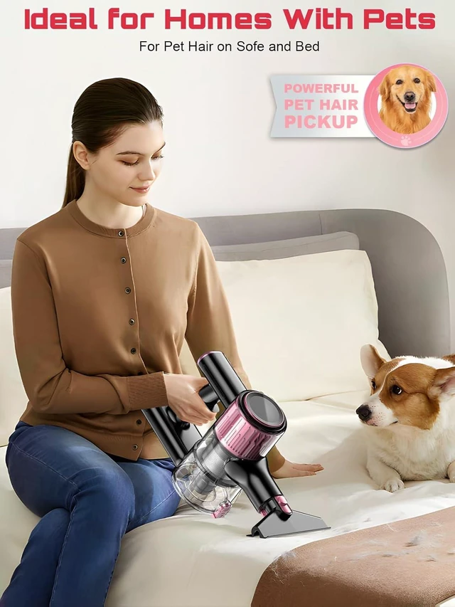 Alt view image 6 of 7 - Cordless Vacuum Cleaner, 10 in 1 Stick Vacuum with Powerful Suction, Hose, Green LED Light, Anti-Tangle Brush, Lightweight Rechargeable Vacuum Cleaner for Home, Hardwood Floors, Carpets, Pet Hair,Pink