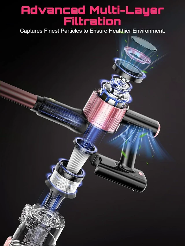 Alt view image 7 of 7 - Cordless Vacuum Cleaner, 10 in 1 Stick Vacuum with Powerful Suction, Hose, Green LED Light, Anti-Tangle Brush, Lightweight Rechargeable Vacuum Cleaner for Home, Hardwood Floors, Carpets, Pet Hair,Pink