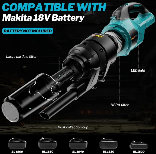 Alt view image 3 of 7 - Cordless Vacuum Cleaner for Makita 18V Battery, 6 in 1 Handheld Electric Vacuum Cleaner with HEPA Filter and LED Light, 46 CFM Portable Hand Vacuum for Floor, Carpet, Car (Battery Not Included)
