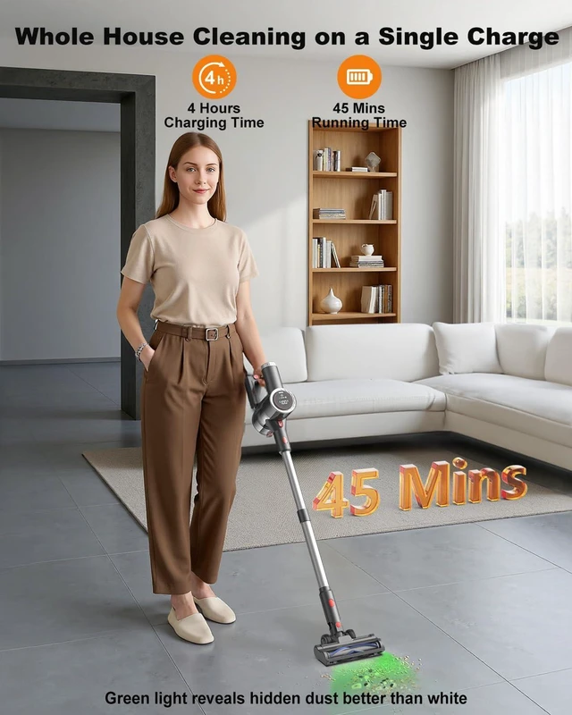 Alt view image 2 of 7 - Cordless Vacuum Cleaner for Home, 6-in-1 Stick Vacuum Cordless Rechargeable with LED Display & Green Floor Lights, Lightweight Vacuum Cleaners for Home Pet Hair Hardwood Carpet - Silver