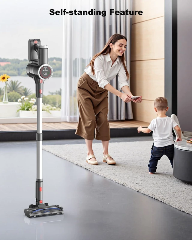Alt view image 3 of 7 - Cordless Vacuum Cleaner for Home, 6-in-1 Stick Vacuum Cordless Rechargeable with LED Display & Green Floor Lights, Lightweight Vacuum Cleaners for Home Pet Hair Hardwood Carpet - Silver