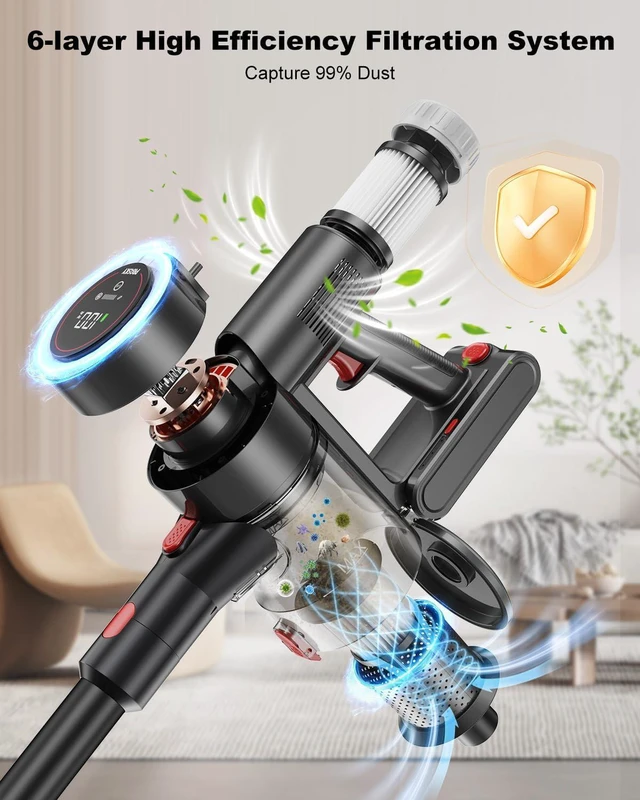 Alt view image 4 of 7 - Cordless Vacuum Cleaner for Home, 6-in-1 Stick Vacuum Cordless Rechargeable with LED Display & Green Floor Lights, Lightweight Vacuum Cleaners for Home Pet Hair Hardwood Carpet - Silver