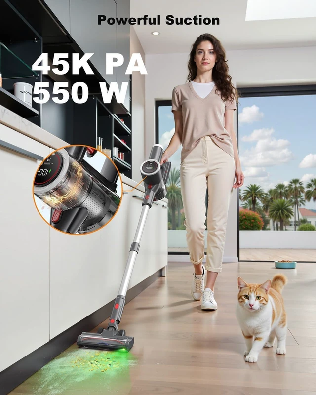 Alt view image 6 of 7 - Cordless Vacuum Cleaner for Home, 6-in-1 Stick Vacuum Cordless Rechargeable with LED Display & Green Floor Lights, Lightweight Vacuum Cleaners for Home Pet Hair Hardwood Carpet - Silver