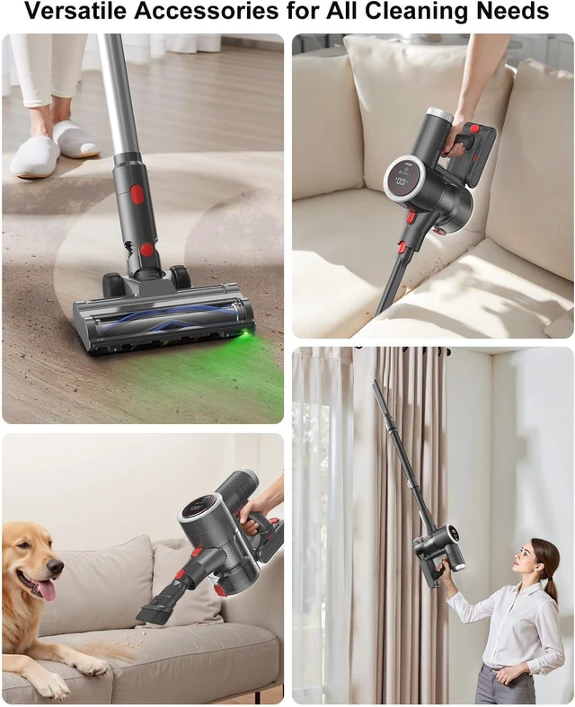 Alt view image 7 of 7 - Cordless Vacuum Cleaner for Home, 6-in-1 Stick Vacuum Cordless Rechargeable with LED Display & Green Floor Lights, Lightweight Vacuum Cleaners for Home Pet Hair Hardwood Carpet - Silver