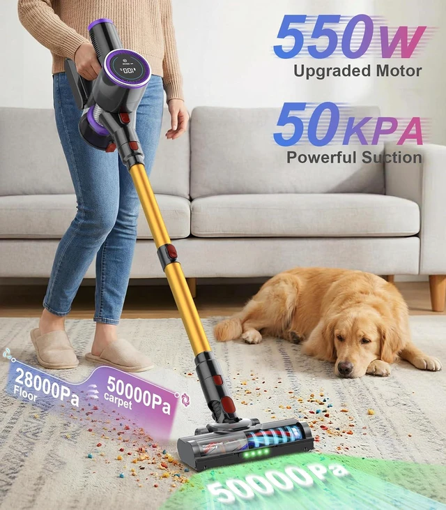 Alt view image 2 of 7 - Cordless Vacuum Cleaner, 550W 50KPa 45Mins Vacuum Cleaners for Home, Self-Standing Stick Vacuum with Anti-Tangle Brush & LED Display for Hardwood Floors, Carpet, Pet Hair, Car
