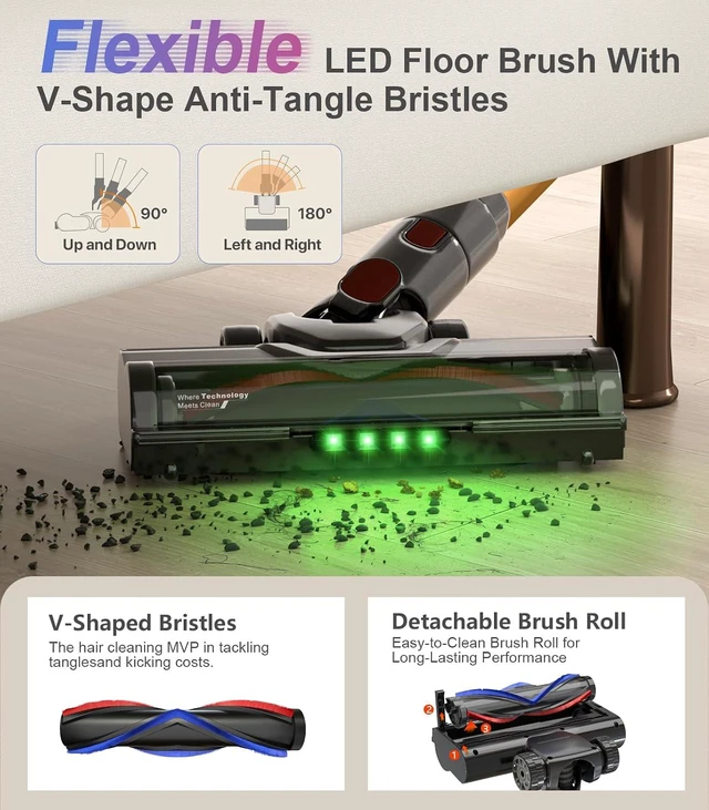 Alt view image 4 of 7 - Cordless Vacuum Cleaner, 550W 50KPa 45Mins Vacuum Cleaners for Home, Self-Standing Stick Vacuum with Anti-Tangle Brush & LED Display for Hardwood Floors, Carpet, Pet Hair, Car