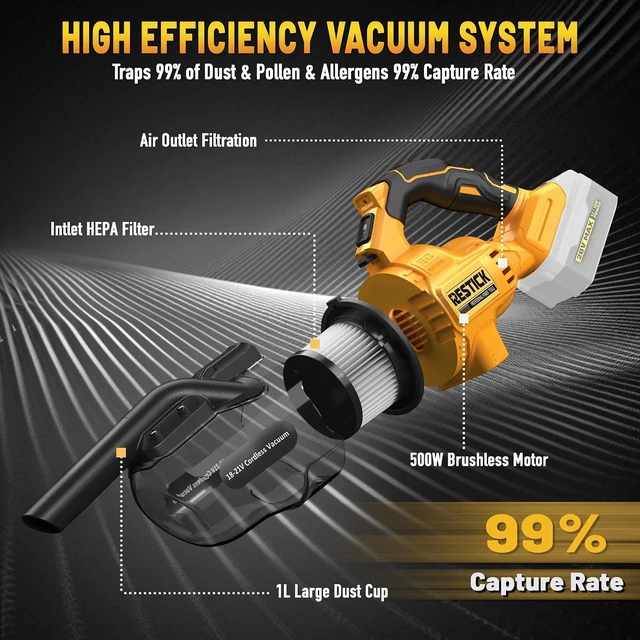 Alt view image 6 of 7 - Cordless Vacuum Cleaner Compatible with Dewalt 20V Battery (No Battery), 50kPa 125AW Strong Suction | 5 HEPA Filters | 4-in-1 Nozzle | 65CFM Brushless Handheld Vacuum for Home, Car, Pet (Tool Only)