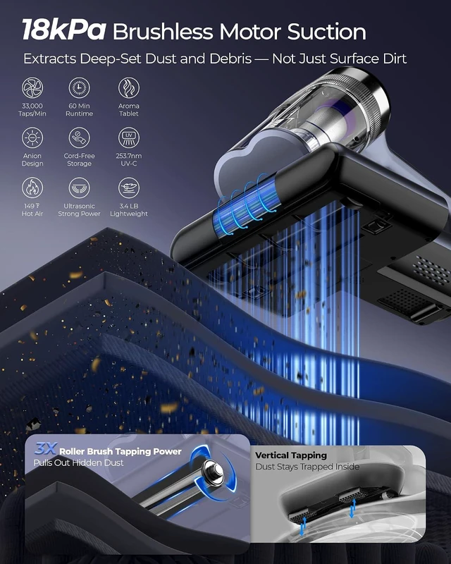 Alt view image 2 of 7 - Teant Cordless Bed Mattress Vacuum, 18kPa Suction & LED Display, Model MV01