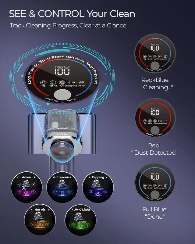 Alt view image 4 of 7 - Teant Cordless Bed Mattress Vacuum, 18kPa Suction & LED Display, Model MV01
