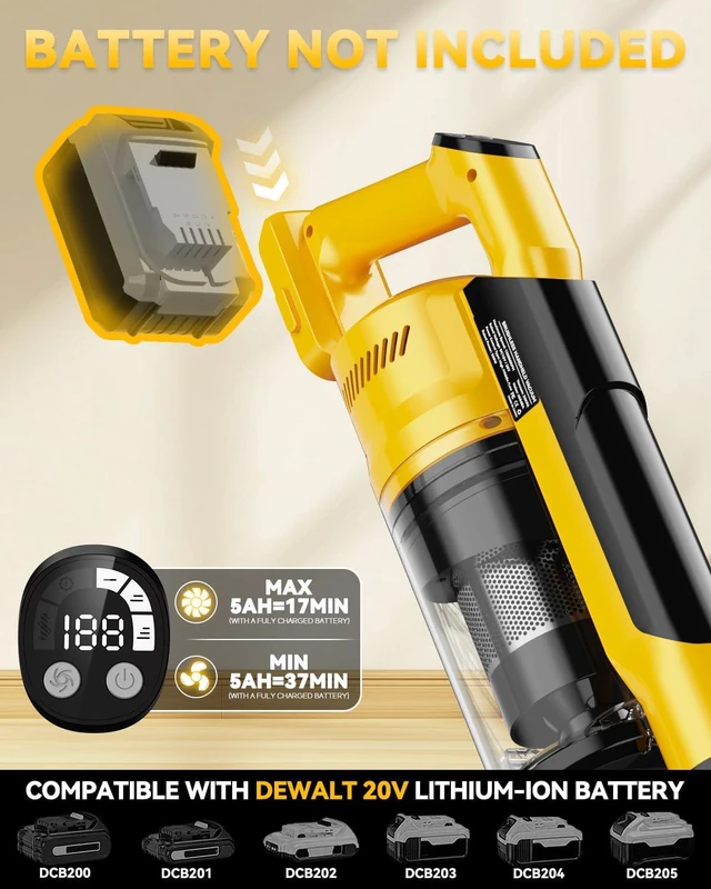 Alt view image 3 of 7 - 350W Cordless Vacuum Cleaner for Dewalt Battery, 35kPa Brushless Lightweight Stick Vacuum with 3 Mode Suction, 6 in 1 Stick Vacuum Cleaner with HEPA for Floor, Carpet, Car (Battery Not Included)
