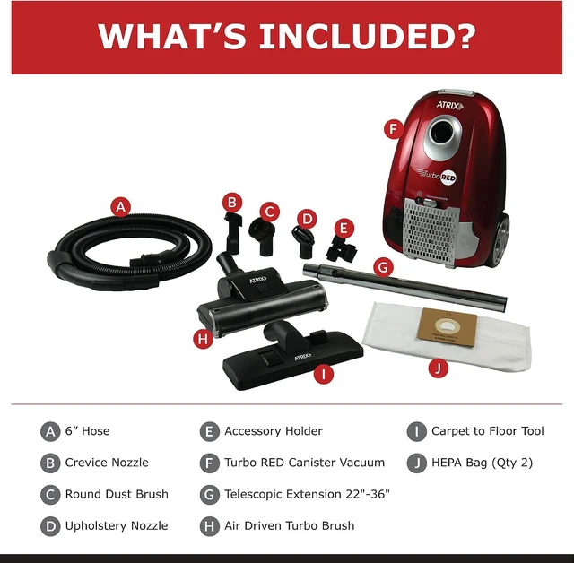 Alt view image 4 of 7 - Atrix Turbo Red AHC-1 HEPA Canister Vacuum Cleaner Powerful 1,400W Variable Speed Motor, Lightweight 6-Quart Bag Design, 3-Stage Filtration, Telescopic Wand, Full Bag Indicator & Accessory Kit