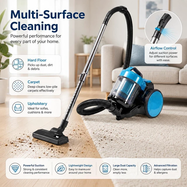 Alt view image 2 of 7 - Simple Deluxe Household Portable 16.4Ft Vacuum Cleaner, 16Kpa Bagless Canister Cleaner, Lightweight Powerful Vacuum for Carpets and Hard Floors, with Washable HEPA Filter, Blue