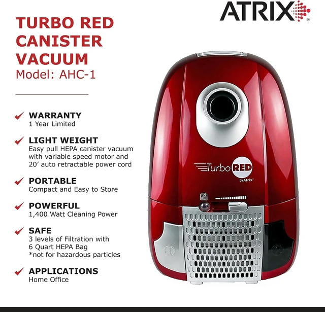 Alt view image 5 of 7 - Atrix Turbo Red AHC-1 HEPA Canister Vacuum Cleaner Powerful 1,400W Variable Speed Motor, Lightweight 6-Quart Bag Design, 3-Stage Filtration, Telescopic Wand, Full Bag Indicator & Accessory Kit