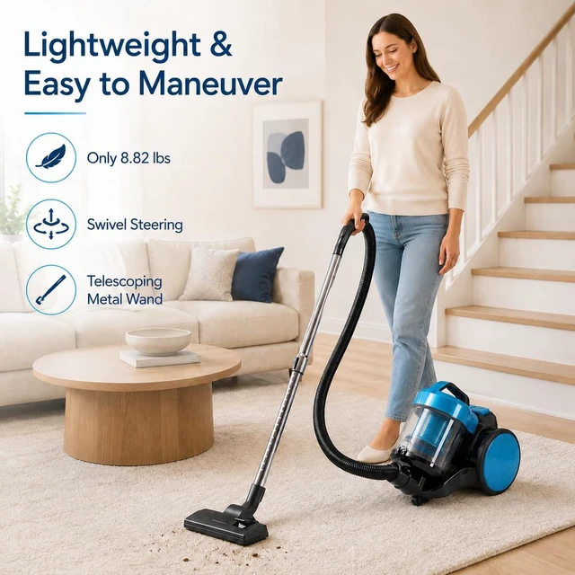 Alt view image 3 of 7 - Simple Deluxe Household Portable 16.4Ft Vacuum Cleaner, 16Kpa Bagless Canister Cleaner, Lightweight Powerful Vacuum for Carpets and Hard Floors, with Washable HEPA Filter, Blue